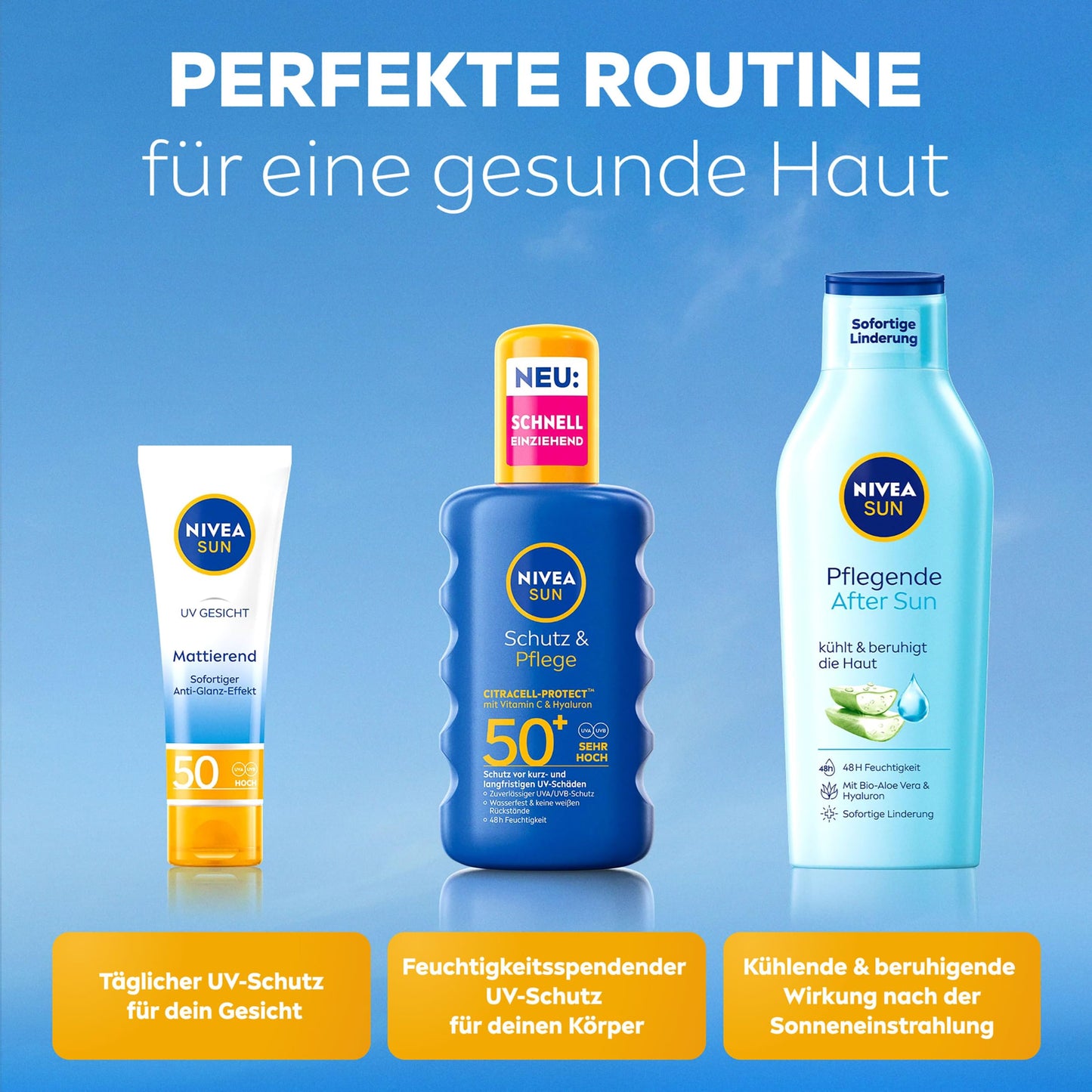 NIVEA SUN Schutz & Pflege Sonnenspray LSF 50+, wasserfestes Sonnencreme Spray mit Vitamin C & Hyaluron, schnell einziehender Sonnenschutz für 48h Feuchtigkeit (200 ml)