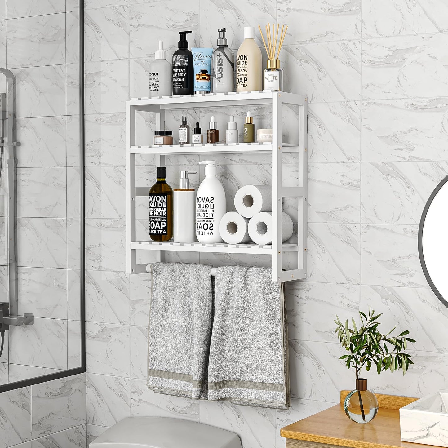 Bamworld Badezimmer Regal Badmöbel Bambus 3 Etagen Organizer Badezimmermöbel Für die Wand Platzsparend Modern （Schwarz）（42x15x42cm）