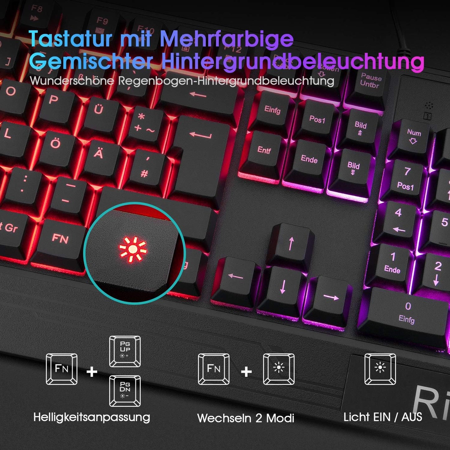 Rii Gaming Tastatur und Maus Set, Maus und Tastatur, RGB Hintergrundbeleuchtung QWERTZ (DE-Layout), Regenbogen Farben Beleuchtete USB Wasserdicht Tastatur und Maus mit 3200 für Pro PC Gamer