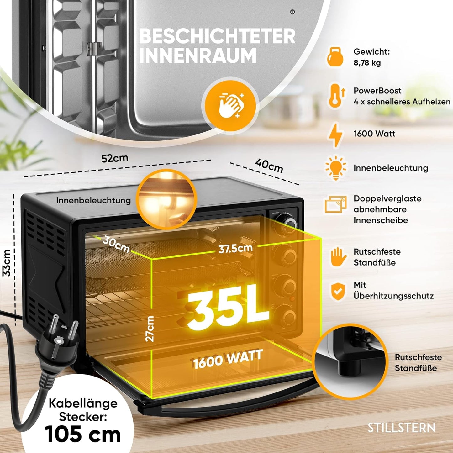 Stillstern Minibackofen mit Umluft (35L) NEU: CYCLONE PRO+ (Antihaftbeschichtung), DE Version, Airfryer-Einsatz, Rezeptheft, Drehspieß, 1600W Toaster Grill Pizzaofen Mini Backofen Ideal für Camping