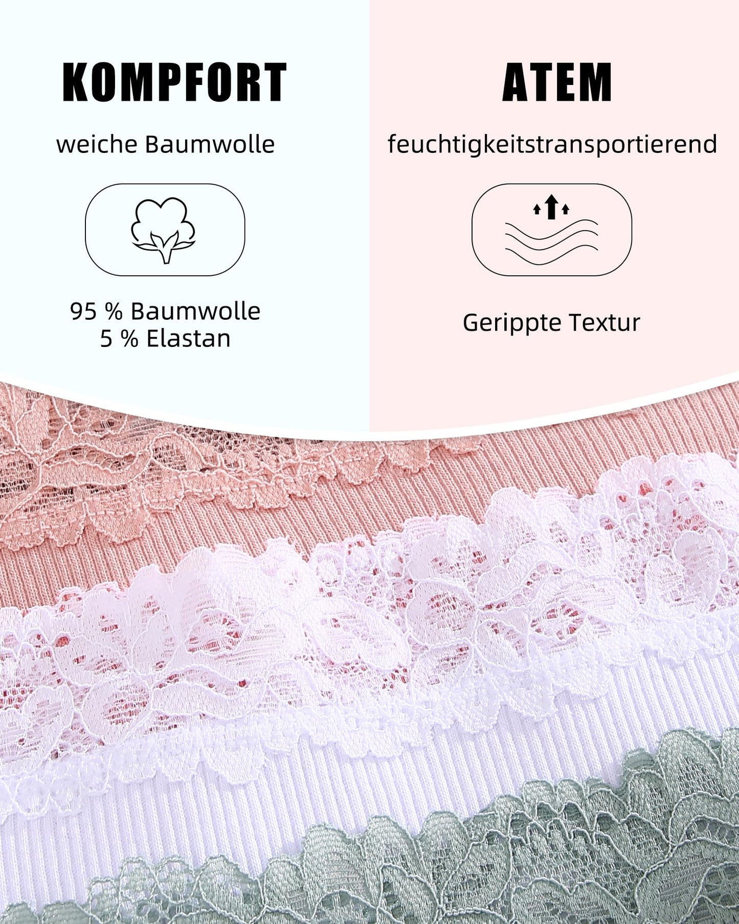 Women's Ribbed Brazilian Briefs Lace Underwear Soft Sexy - 6-Pack