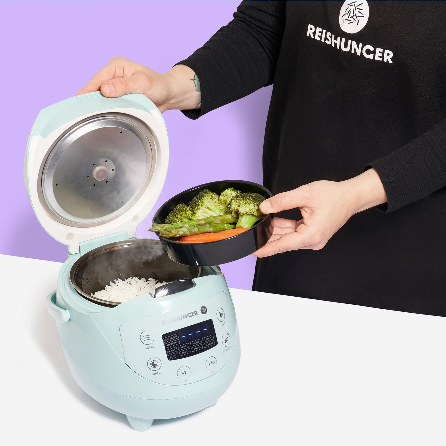 REISHUNGER Digitaler Reiskocher klein, schwarz | 0,6 L bis 3 Personen | Warmhaltefunktion, Timer & Premium Topf | Kleiner Multikocher & Dampfgarer, 8 Programme, 7-Phasen-Technologie