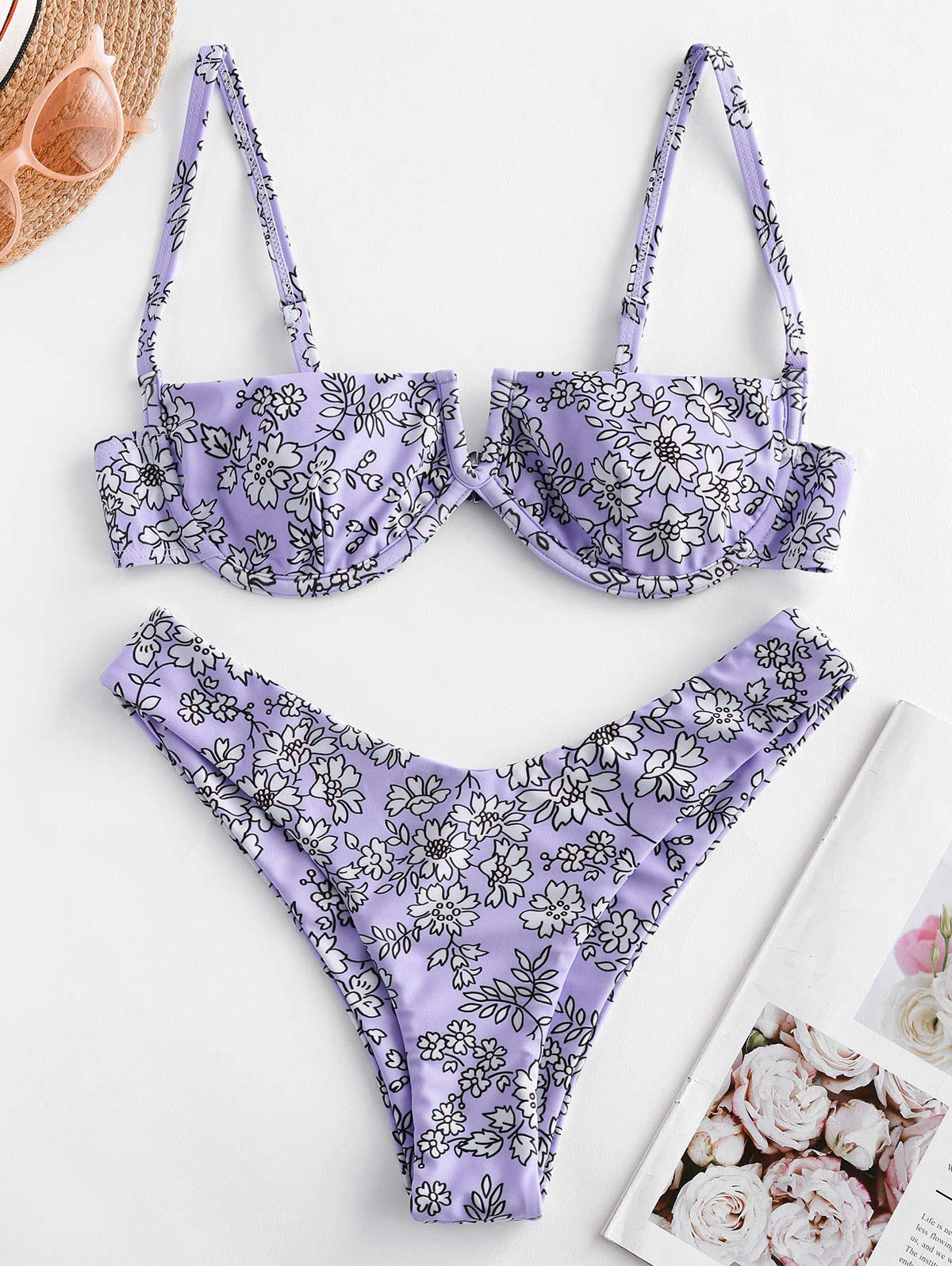Zaful 2-Piece Bikini Set Floral High Cut Underwire Bikini for Women