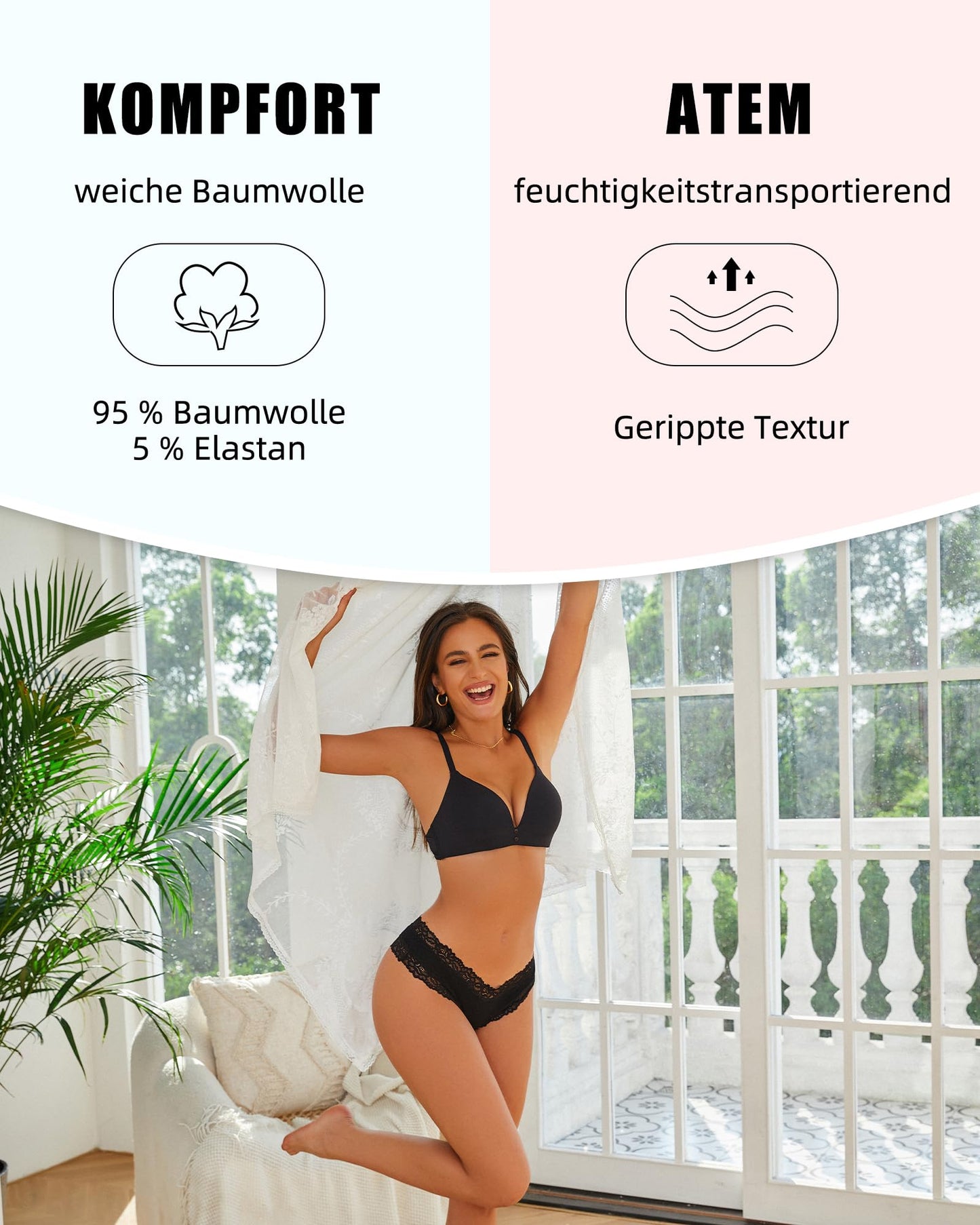 Women's Ribbed Brazilian Briefs Lace Underwear Soft Sexy - 6-Pack