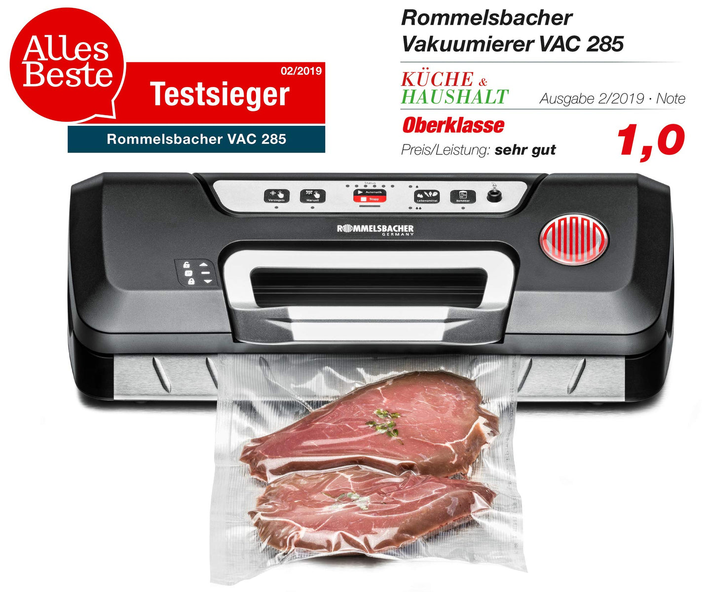 ROMMELSBACHER Vakuumierer VAC 485 - Absaugleistung 15 Liter/Min., Einhand-Bedienung, für Langzeitbetrieb geeignet, Doppel-Versiegelungsnaht, 2 Versiegelungszeiten, für Folien bis 30 cm Breite
