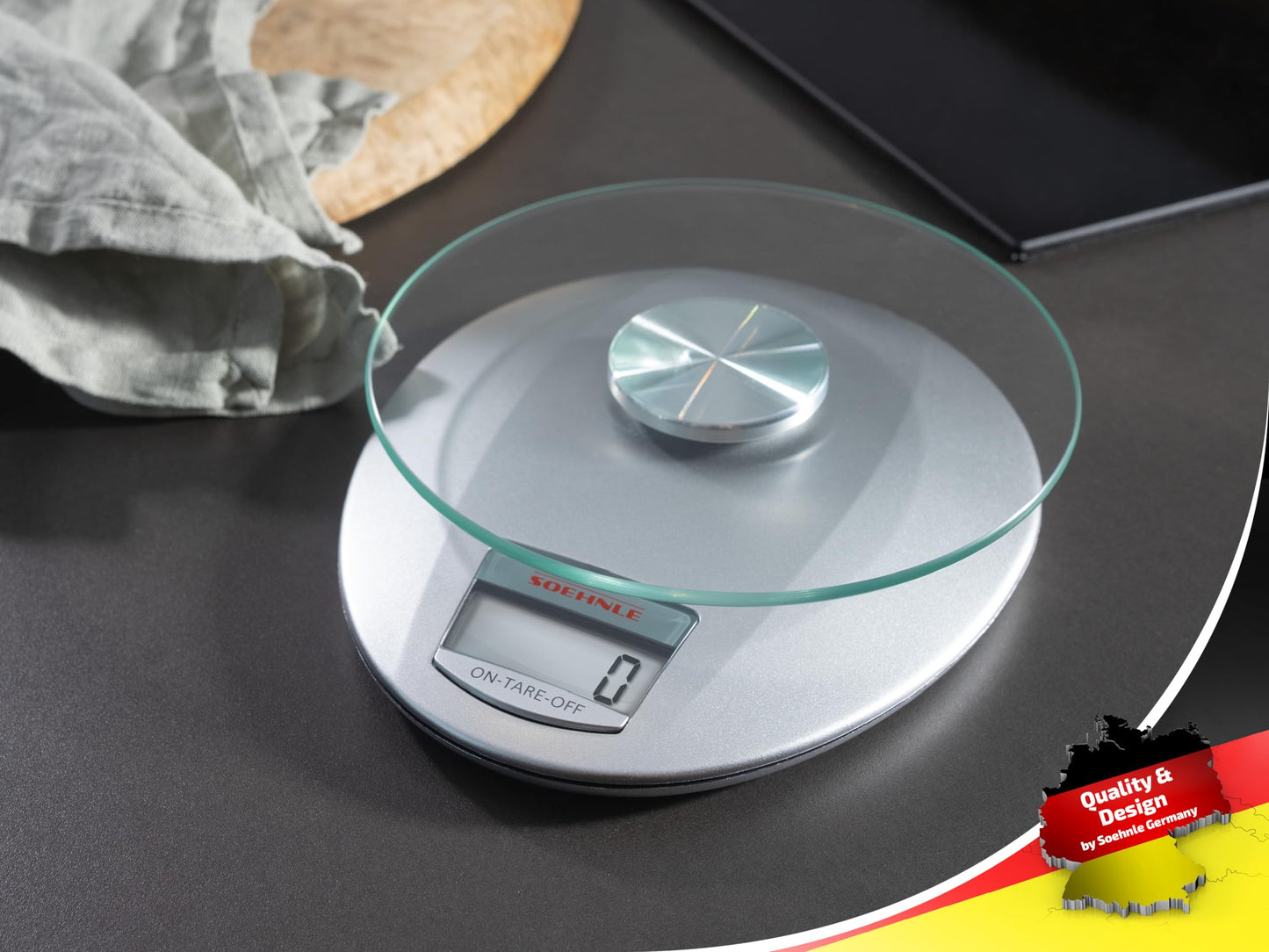 Soehnle Küchenwaage Roma mit 5 kg Tragkraft und 1-g-Wiegepräzision, Küchenwaage digital mit praktischer Zuwiegefunktion (TARA),Waage für die Küche mit LCD-Anzeige und Abschaltautomatik, silber