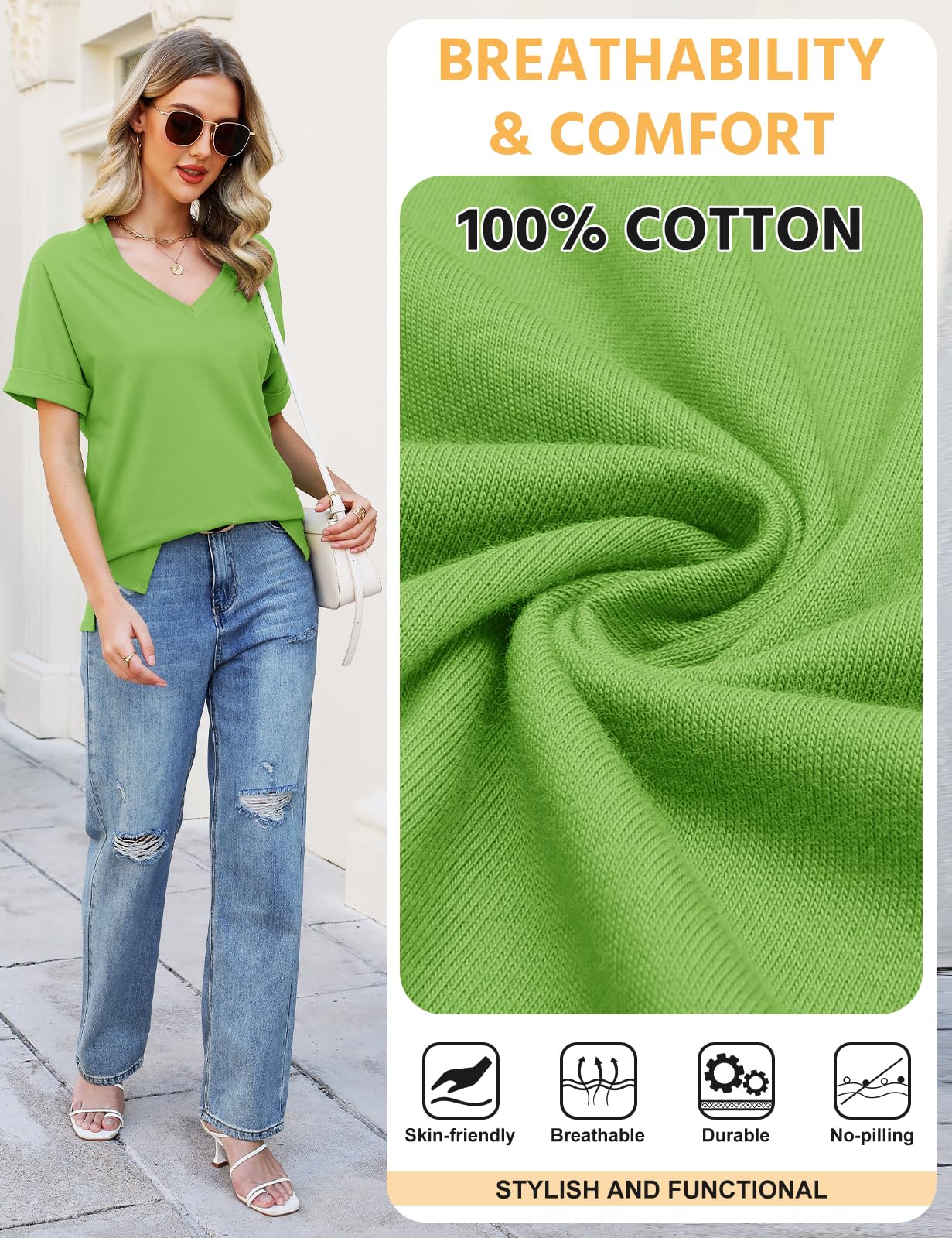 Women’s V-Neck Cotton T-Shirt – Short Sleeve Loose Fit Summer Tee