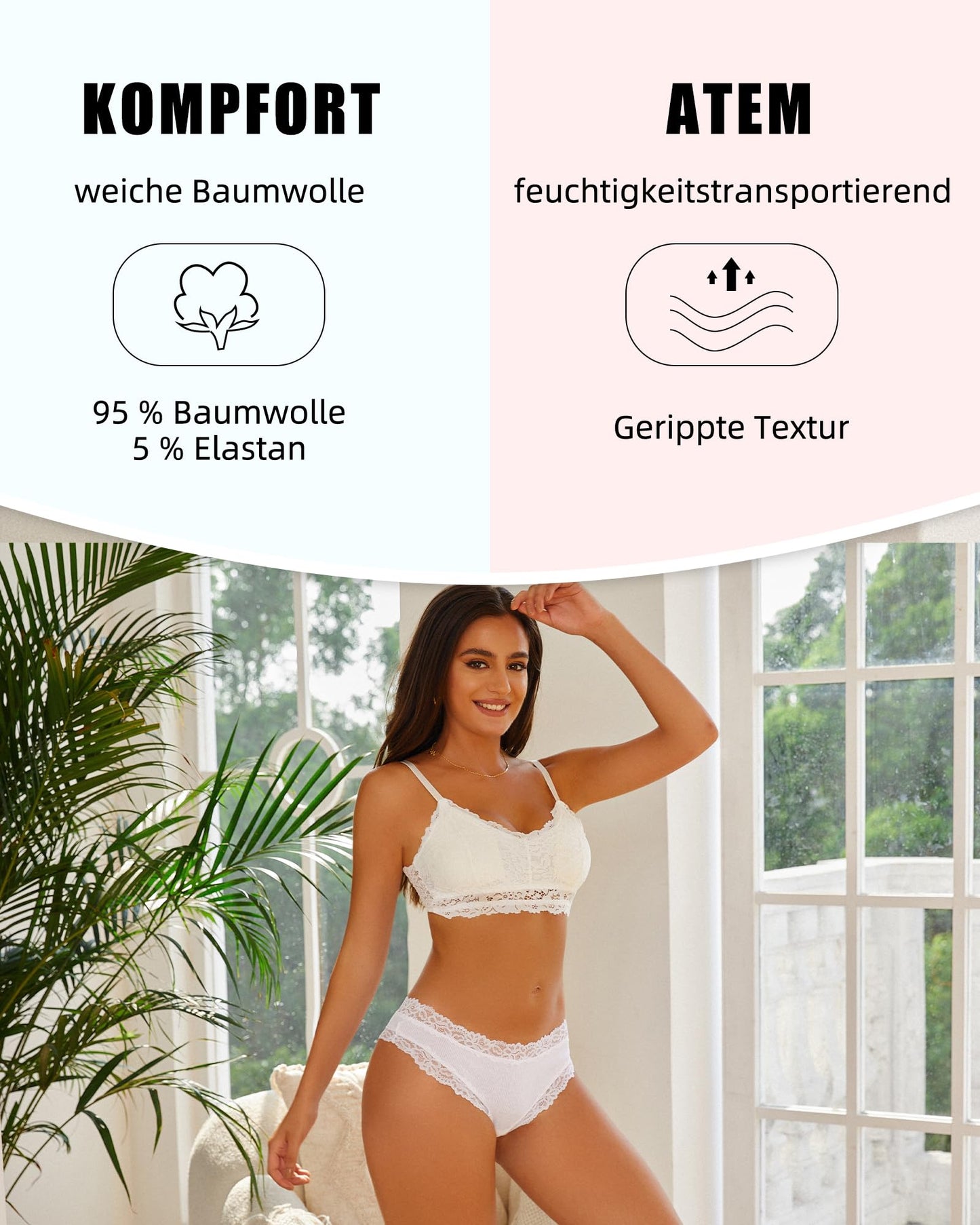 Women's Ribbed Brazilian Briefs Lace Underwear Soft Sexy - 6-Pack