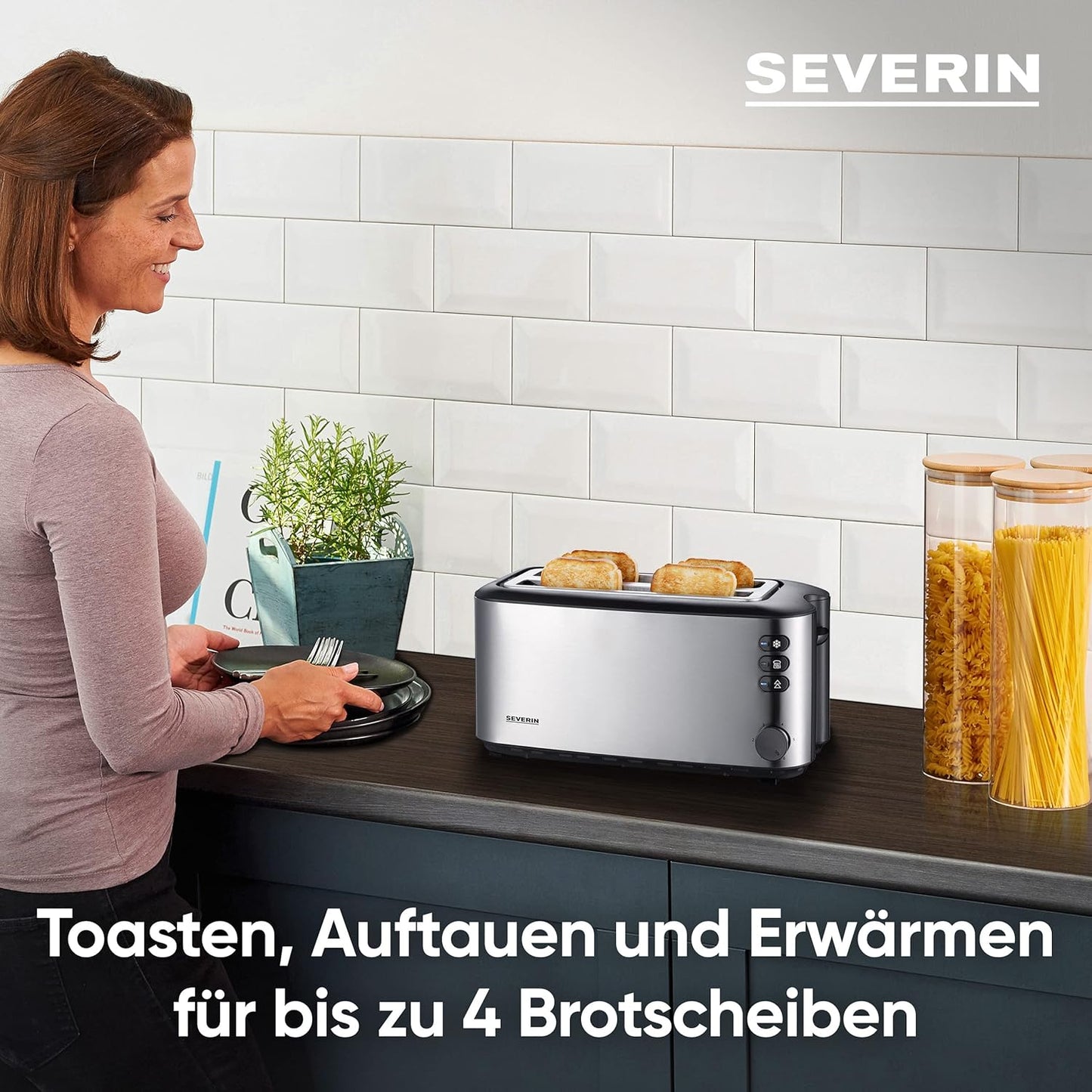 Severin AT Doppel-Langschlitztoaster mit eingebautem Brötchenaufsatz Edelstahl (gebürstet), Schwarz