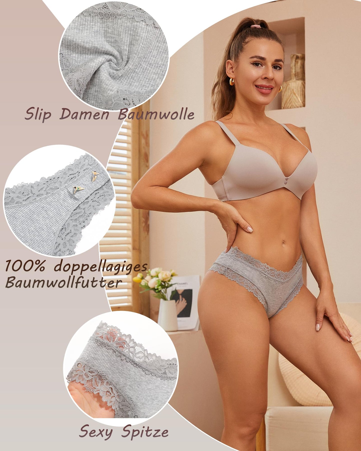 Women's Ribbed Brazilian Briefs Lace Underwear Soft Sexy - 6-Pack
