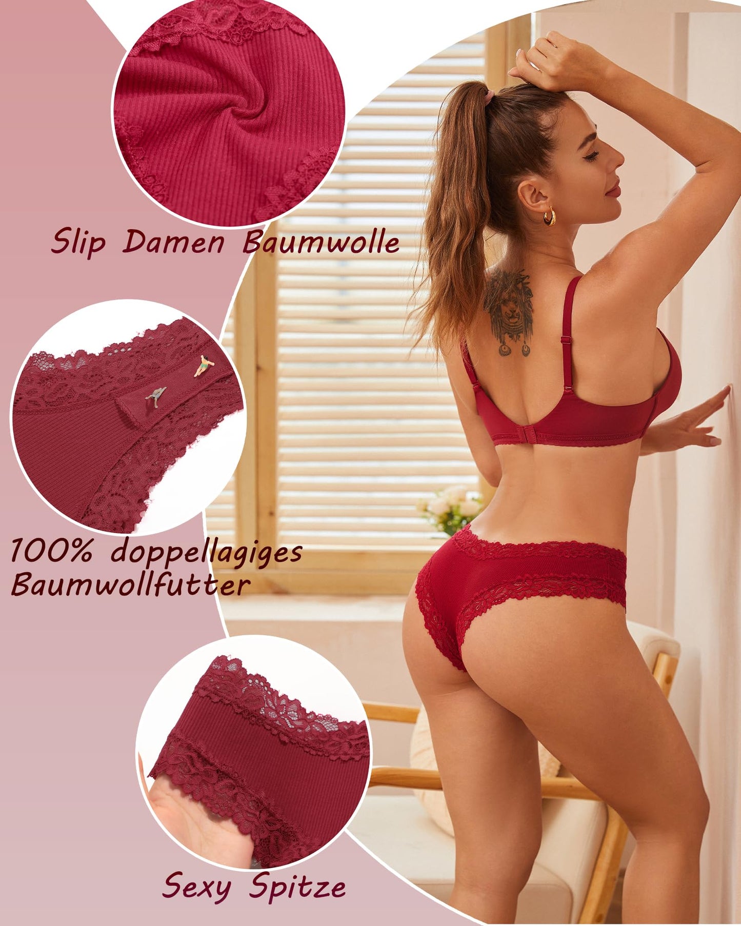 Women's Ribbed Brazilian Briefs Lace Underwear Soft Sexy - 6-Pack