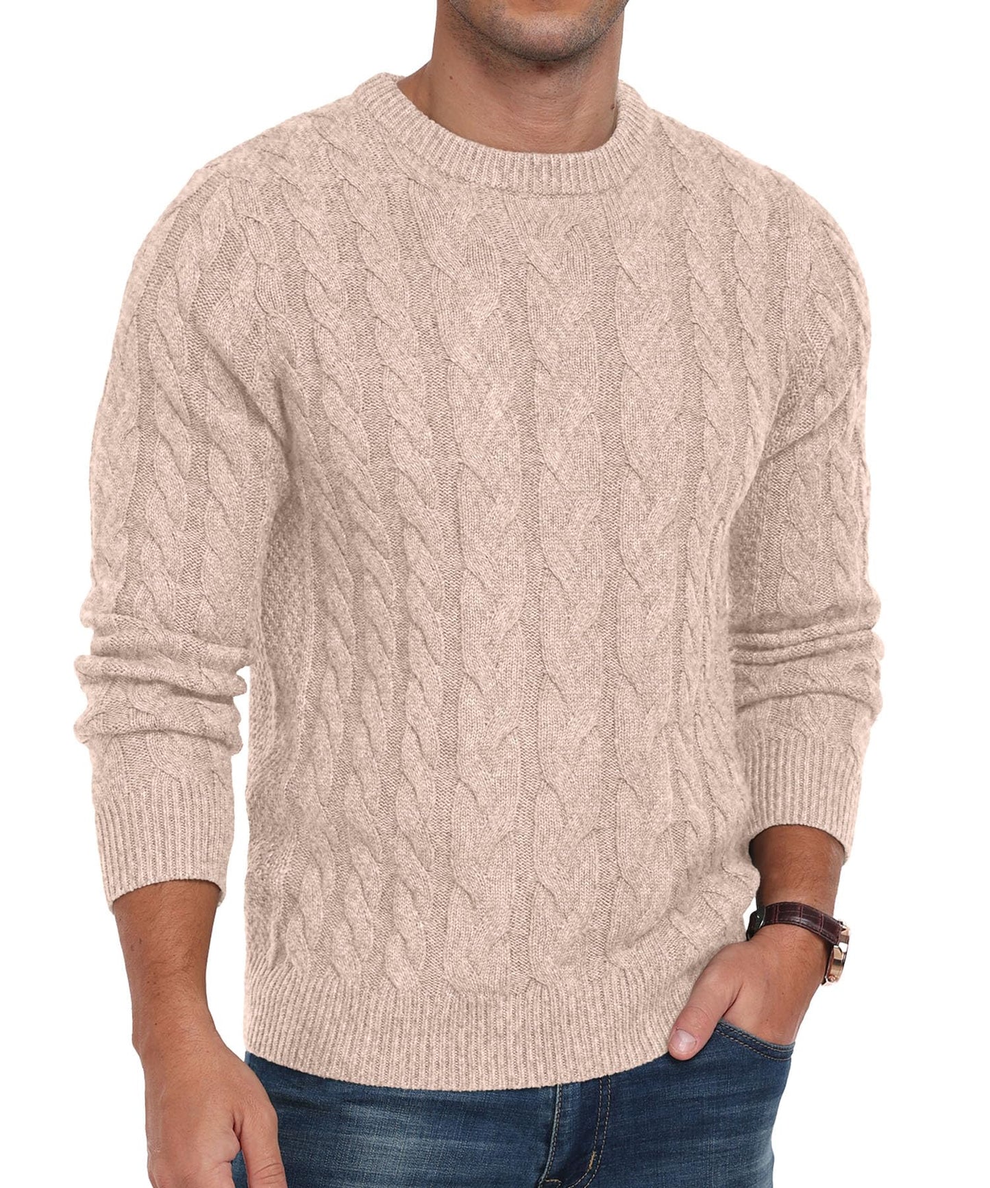 QIXING Men’s Cable Knit Sweater – Chunky Crewneck Pullover