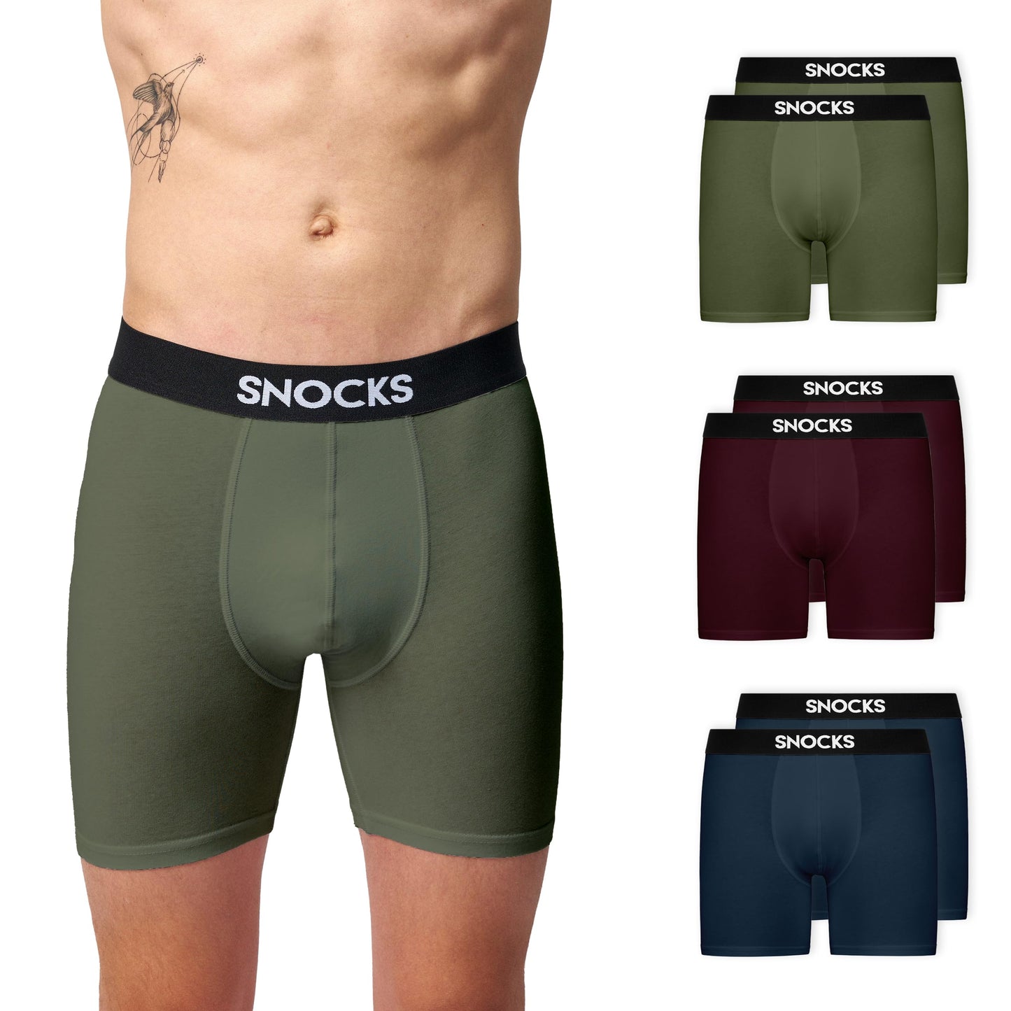 Snocks Long Boxer Shorts for Men, Organic Cotton (6-Pack)