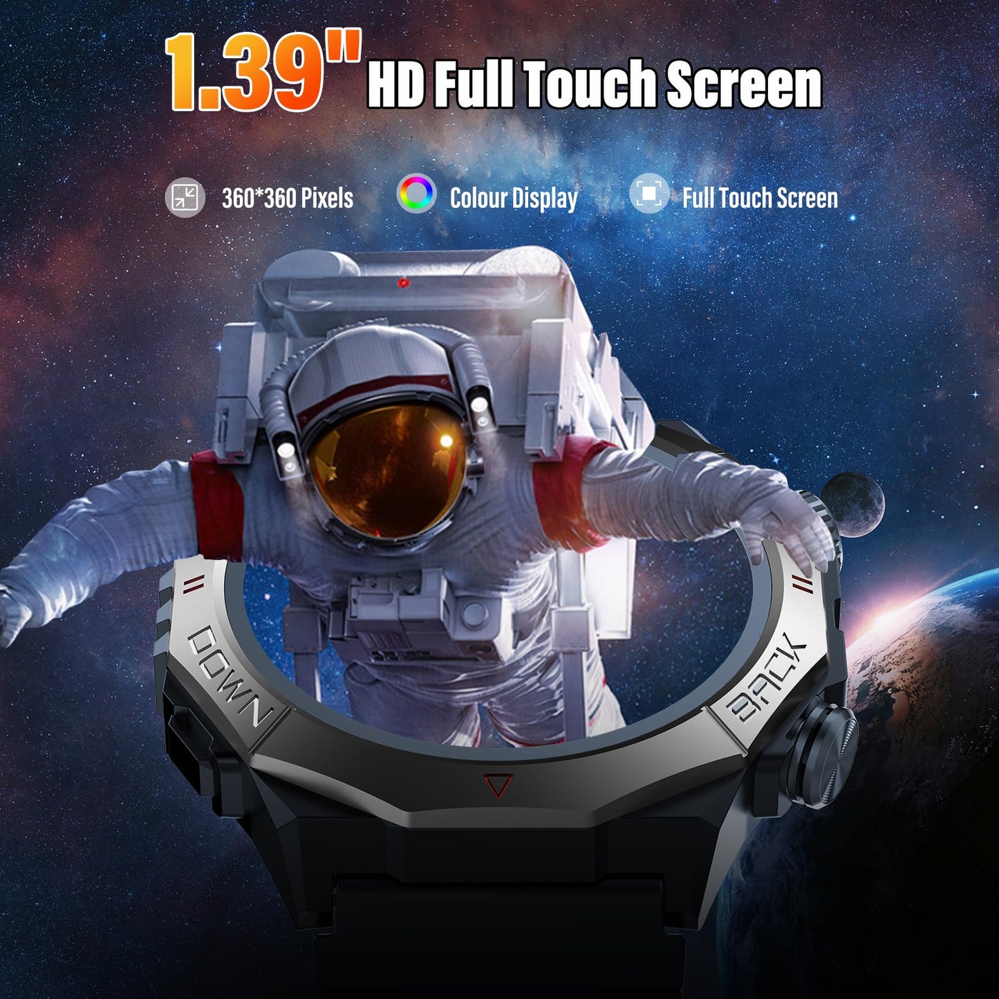 Militär Smartwatch Herren Damen, Smart Watch mitTelefonfunktion 1,39" Touchscreen, Herzfrequenzmonitor Schlafmonitor IP68 Wasserdicht Sportuhr, 110+ Sportmodi Fitnessuhr für iOS Android, Schwarz
