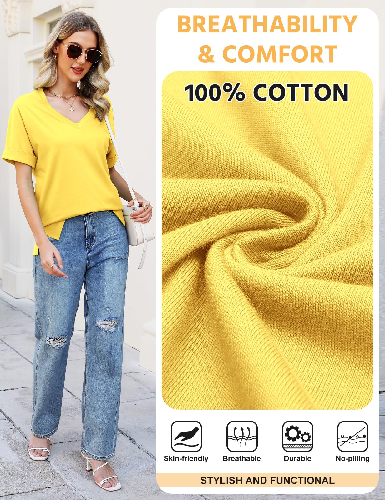 Women’s V-Neck Cotton T-Shirt – Short Sleeve Loose Fit Summer Tee