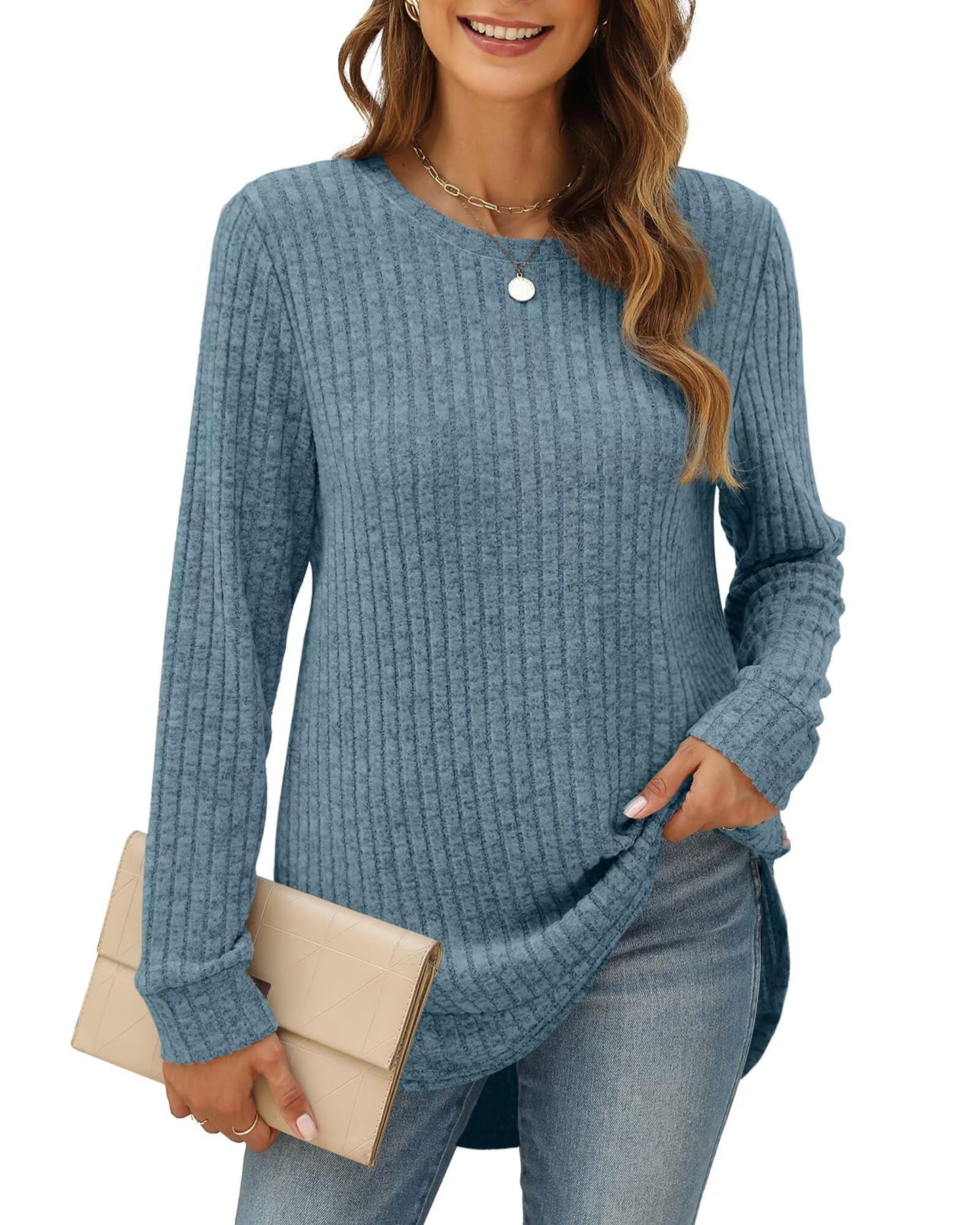 XIEERDUO Women's Pullover Sweater – Curved Hem Knit Sweatshirt