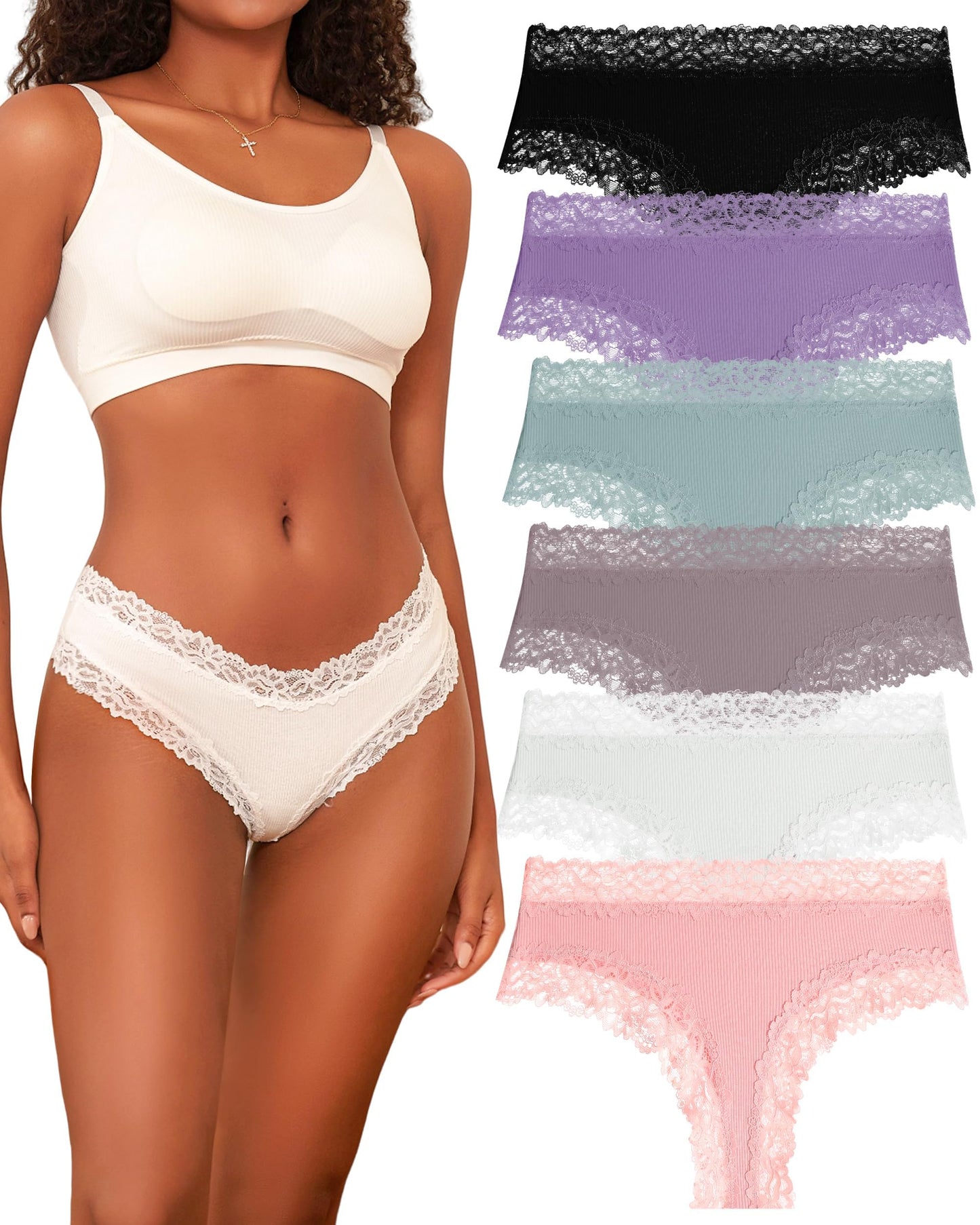 Women's Ribbed Brazilian Briefs Lace Underwear Soft Sexy - 6-Pack