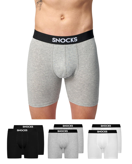 Snocks Long Boxer Shorts for Men, Organic Cotton (6-Pack)