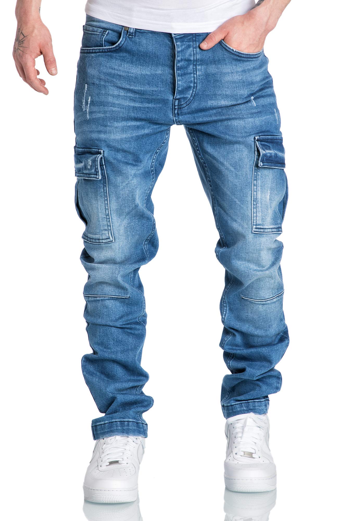 Amaci&Sons Men’s Cargo Jeans – Regular Slim Fit Destroyed Denim Pants