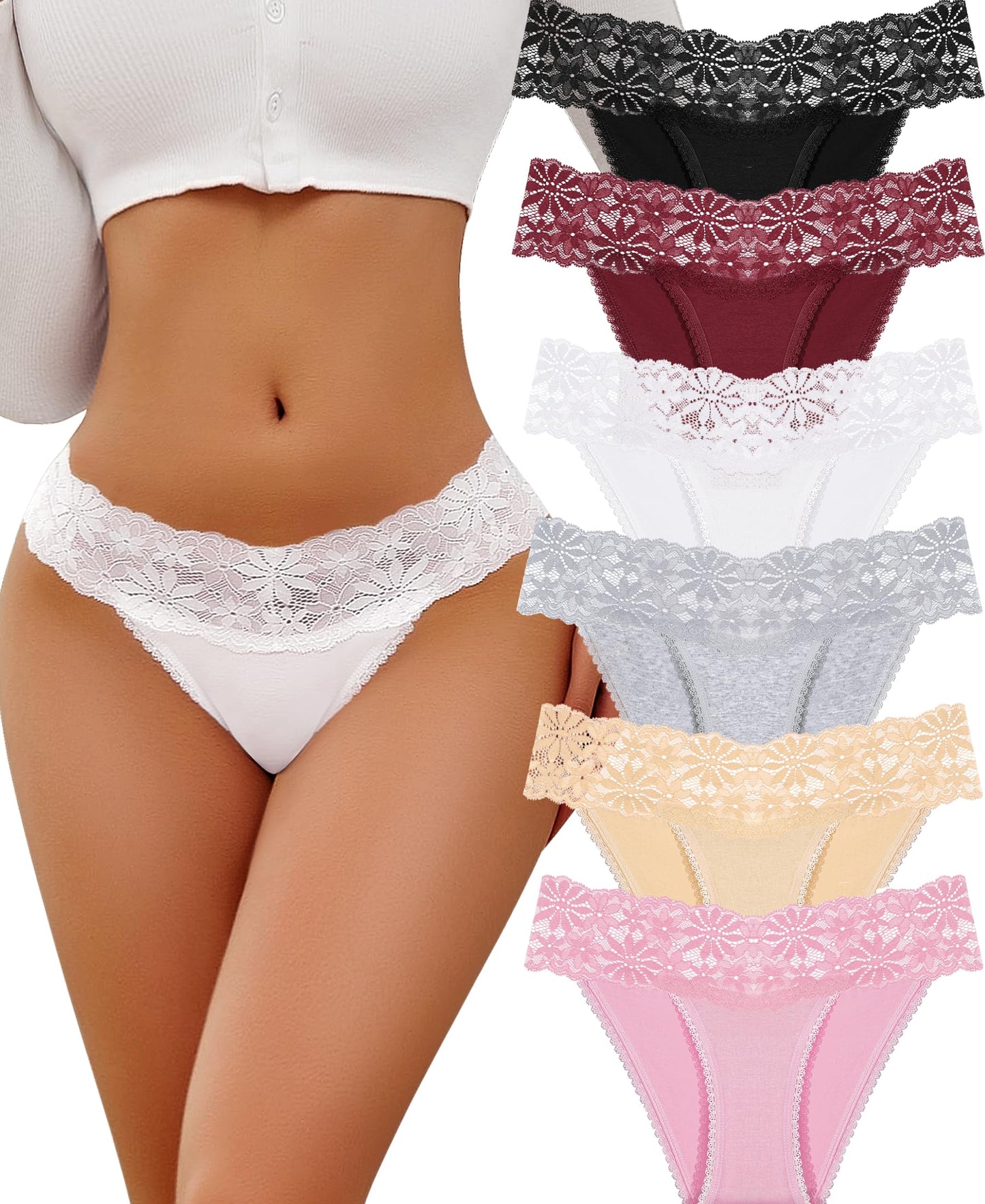 Women's Lace Cotton Hipster Panties Pack of 6 Soft Breathable Briefs - S–XL