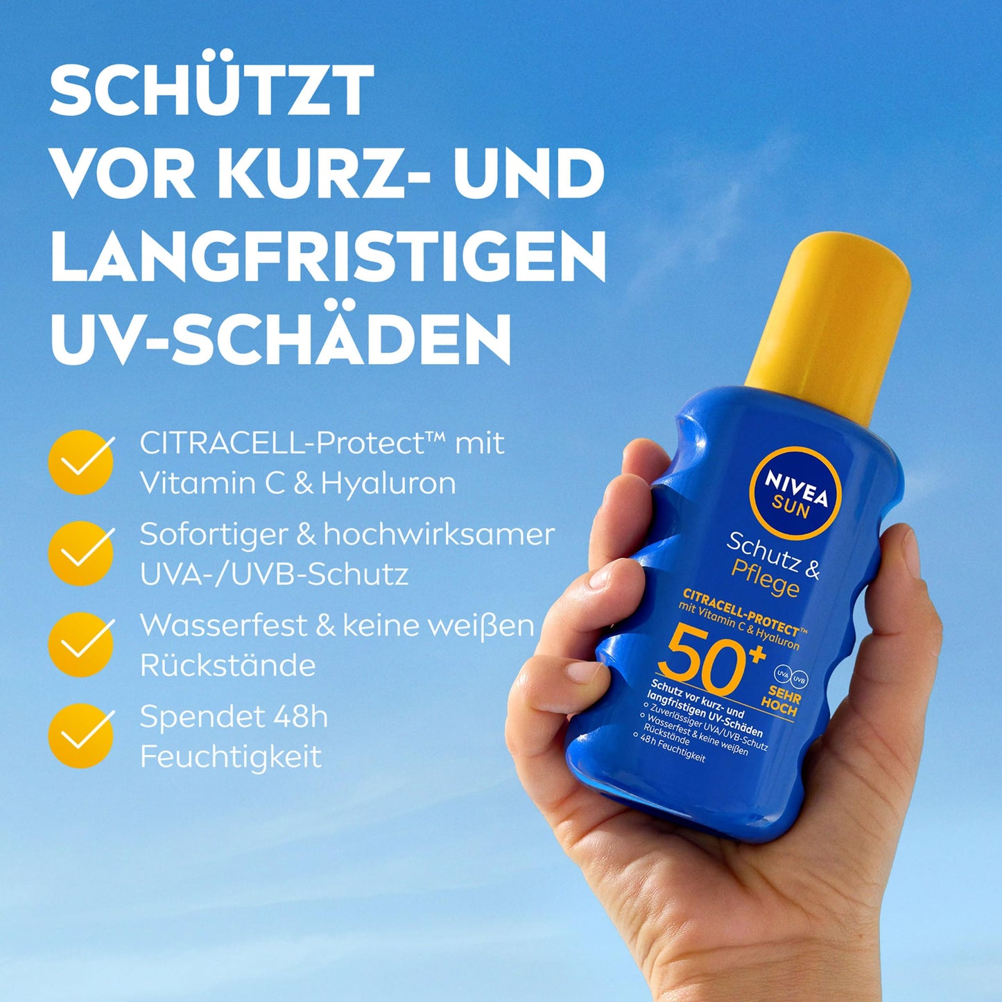 NIVEA SUN Schutz & Pflege Sonnenspray LSF 50+, wasserfestes Sonnencreme Spray mit Vitamin C & Hyaluron, schnell einziehender Sonnenschutz für 48h Feuchtigkeit (200 ml)