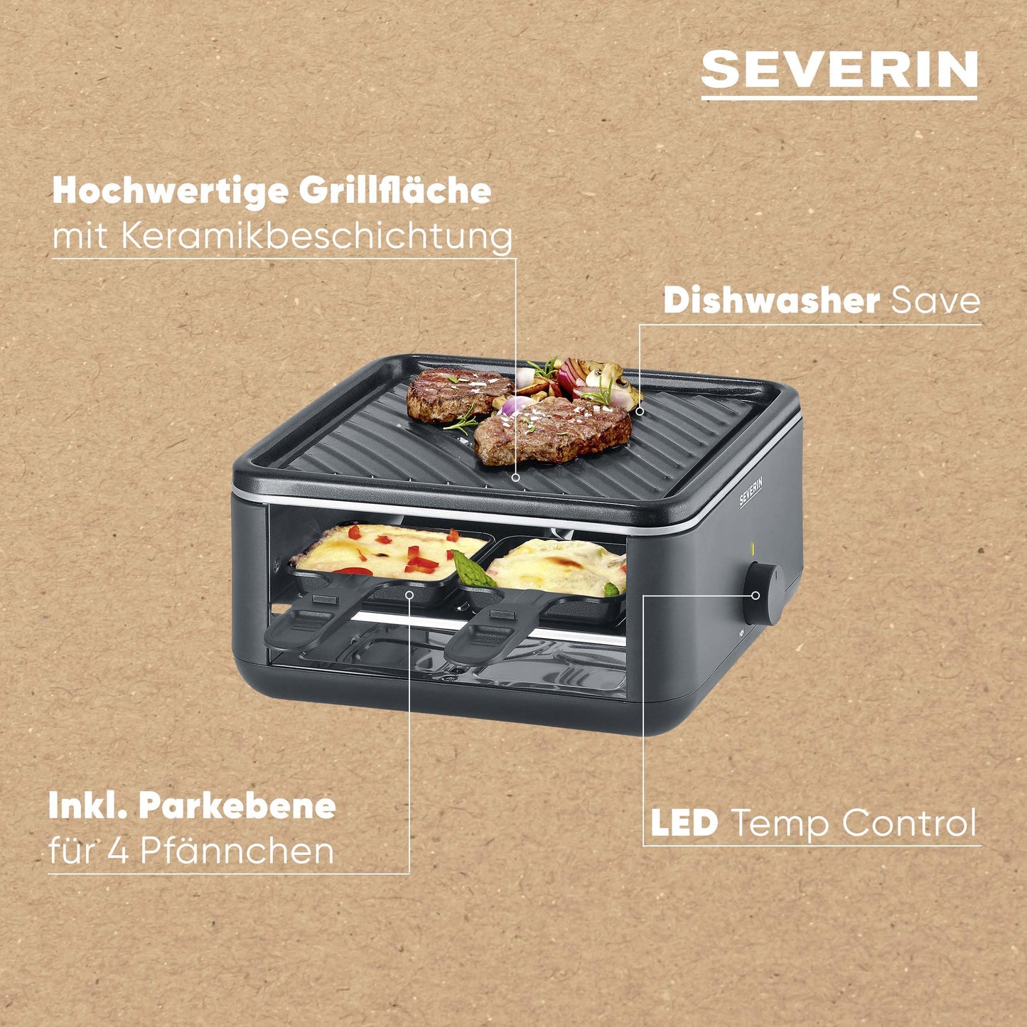 SEVERIN Mini Raclette-Grill für 4 Personen, platzsparend und kompakt, antihaftbeschichtet, 600 W, schwarz, RG 2370