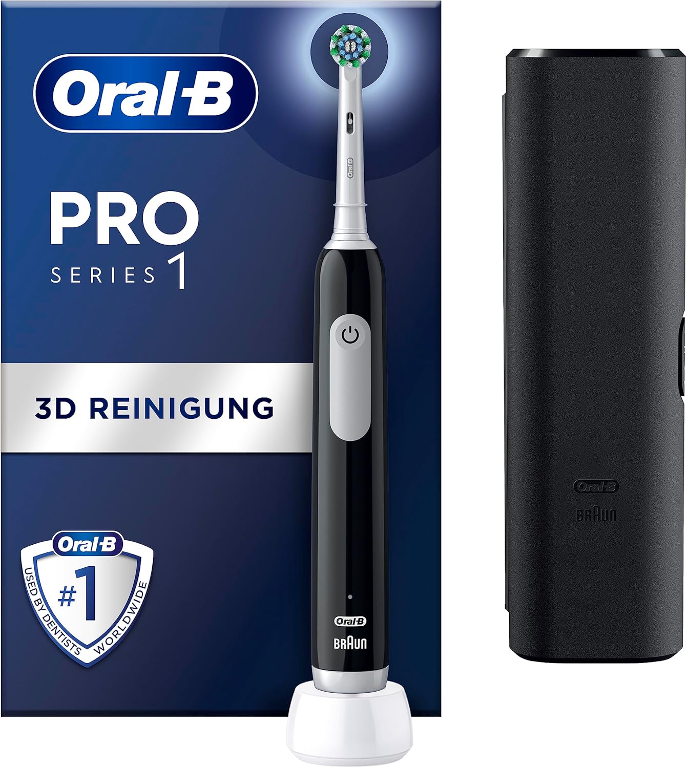 Oral-B Pro Series 1 Elektrische Zahnbürste/Electric Toothbrush, 1 Aufsteckbürste, 3 Putzmodi und Drucksensor für Zahnpflege, Reiseetui, Designed by Braun, black