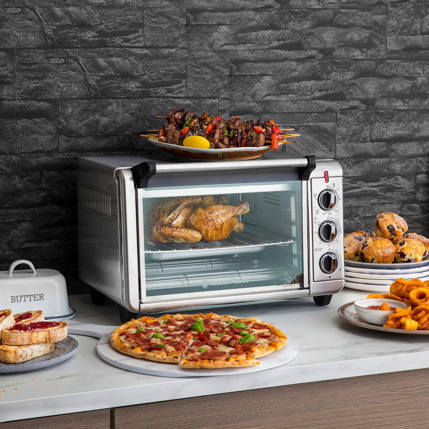 Russell Hobbs Backofen Airfryer [5-in-1: Heißluftfritteuse, Minibackofen, Grill, Toaster, Warmhaltefunktion] Express (20l, Pizza Ø 30cm, inkl. Frittierkorb, Backblech&Grillrost) Umluft- Ofen 26680-56