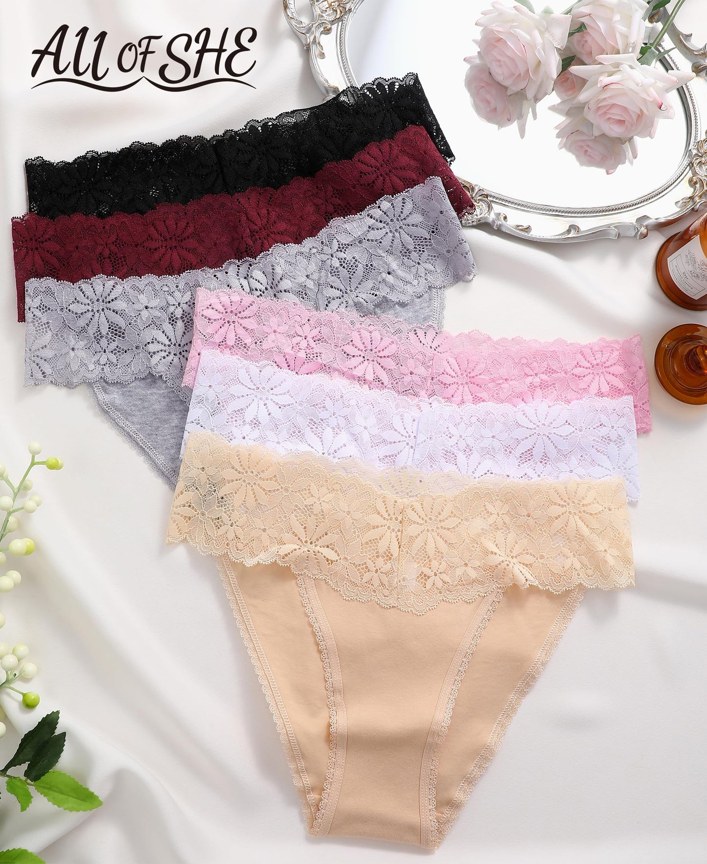 Women's Lace Cotton Hipster Panties Pack of 6 Soft Breathable Briefs - S–XL