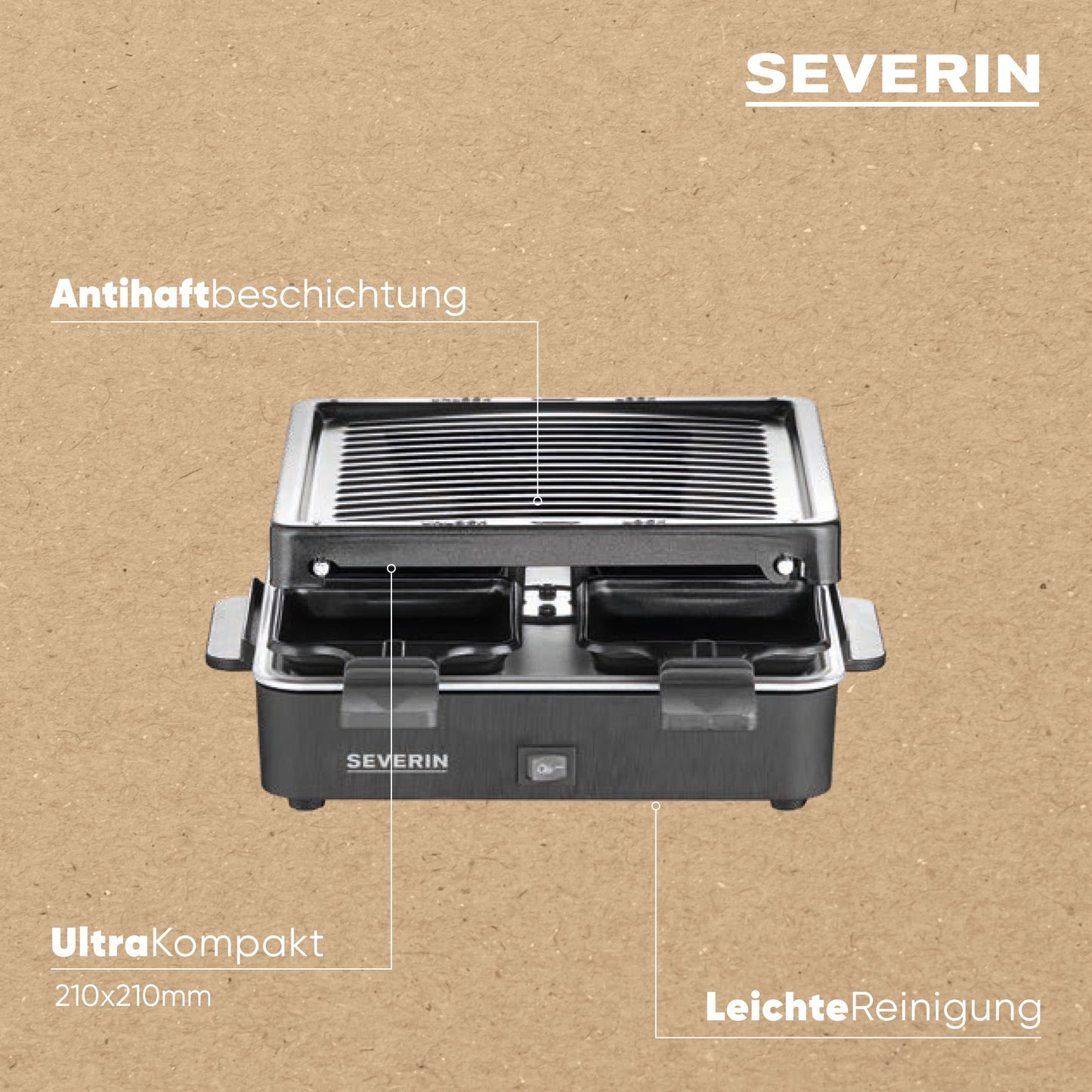 SEVERIN Mini Raclette-Grill für 4 Personen, platzsparend und kompakt, antihaftbeschichtet, 600 W, schwarz, RG 2370