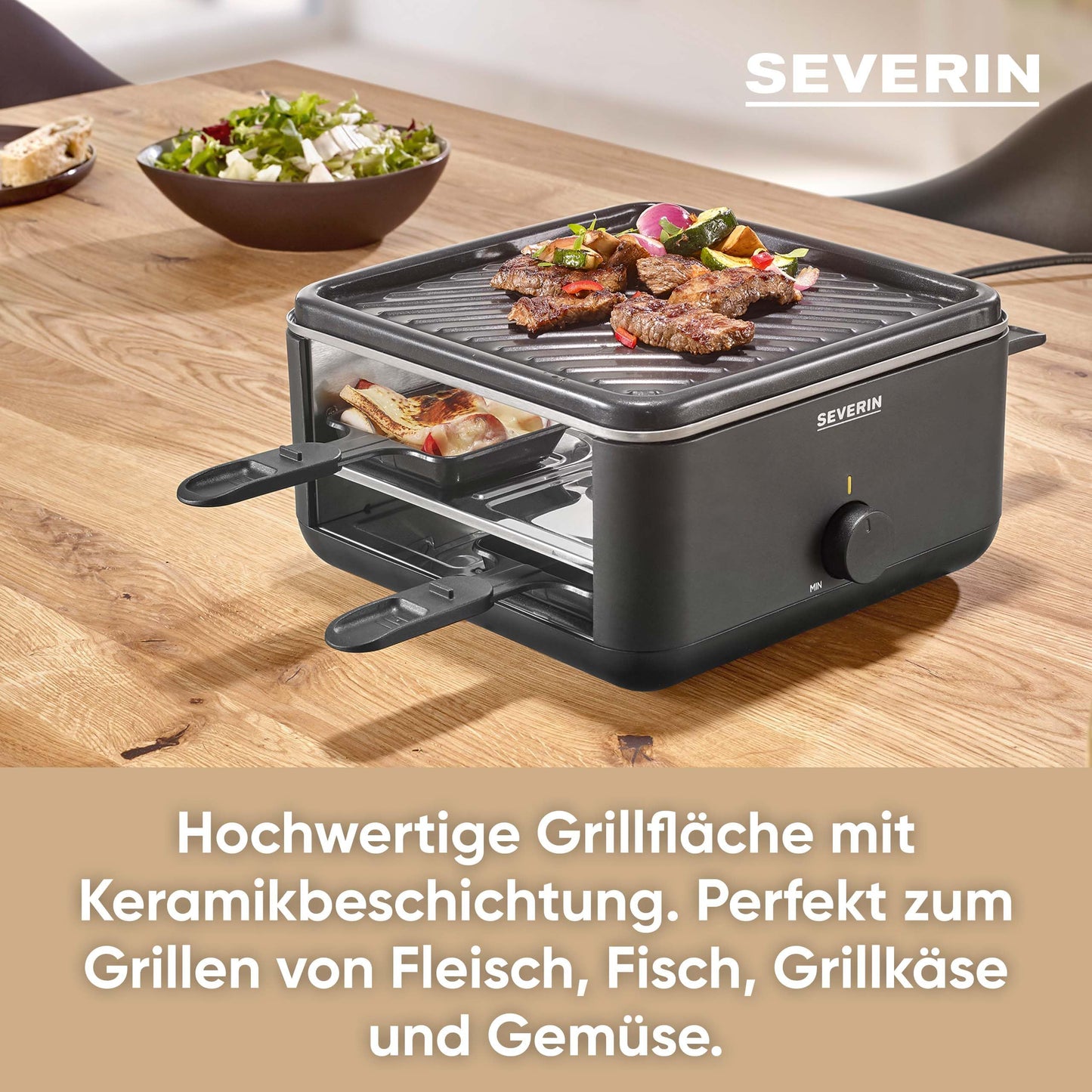 SEVERIN Mini Raclette-Grill für 4 Personen, platzsparend und kompakt, antihaftbeschichtet, 600 W, schwarz, RG 2370