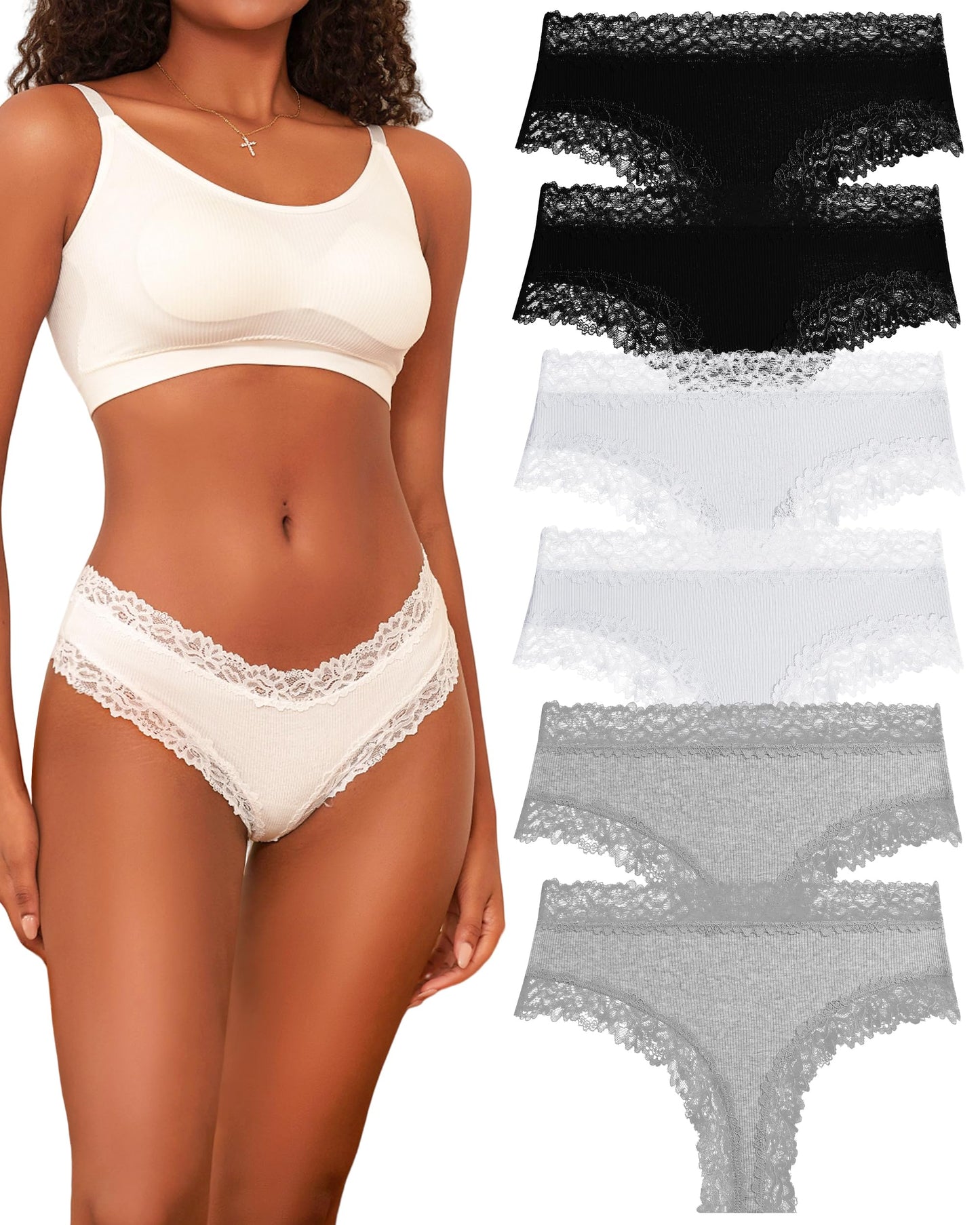 Women's Ribbed Brazilian Briefs Lace Underwear Soft Sexy - 6-Pack