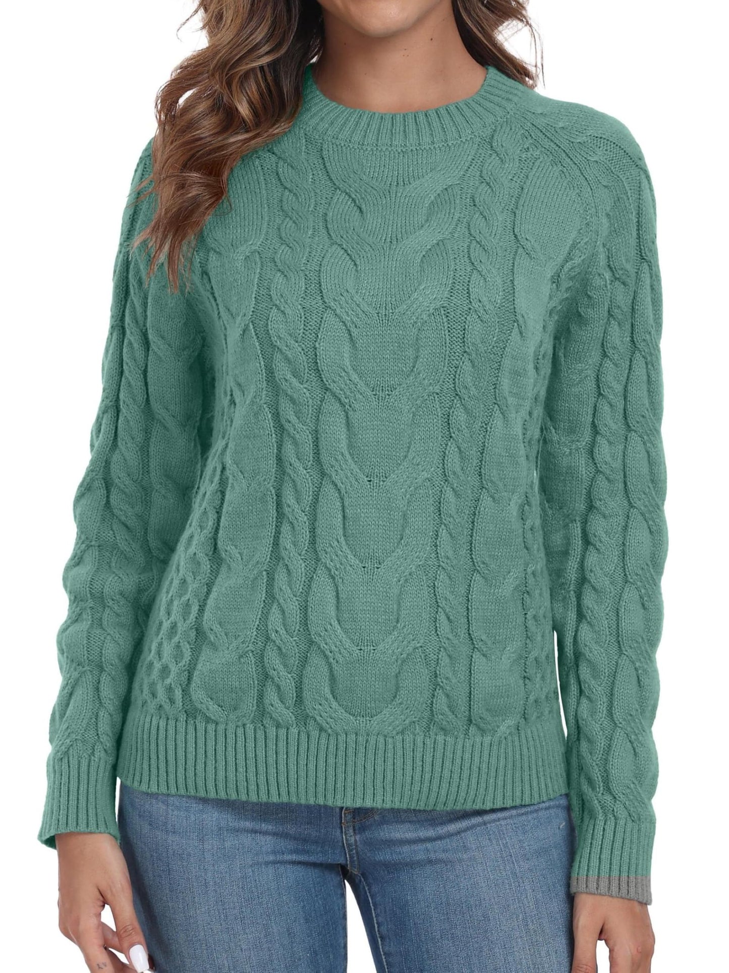 QIXING Women's Cable Knit Sweater – Elegant Long Sleeve Round Neck Winter Pullover