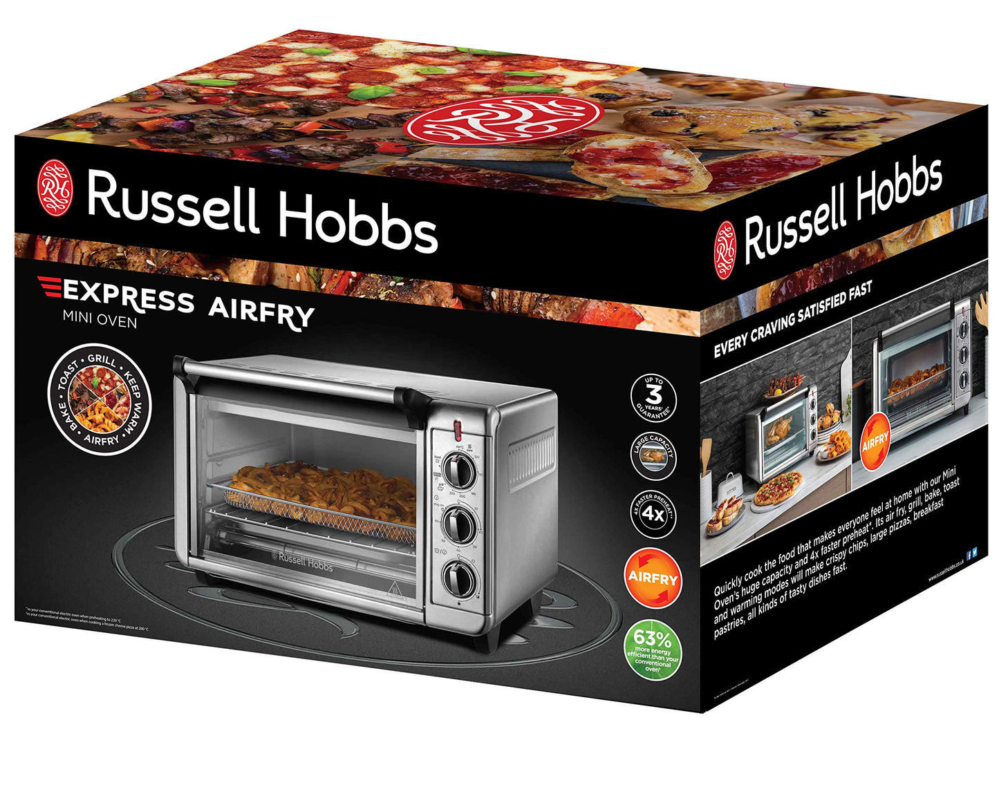Russell Hobbs Backofen Airfryer [5-in-1: Heißluftfritteuse, Minibackofen, Grill, Toaster, Warmhaltefunktion] Express (20l, Pizza Ø 30cm, inkl. Frittierkorb, Backblech&Grillrost) Umluft- Ofen 26680-56