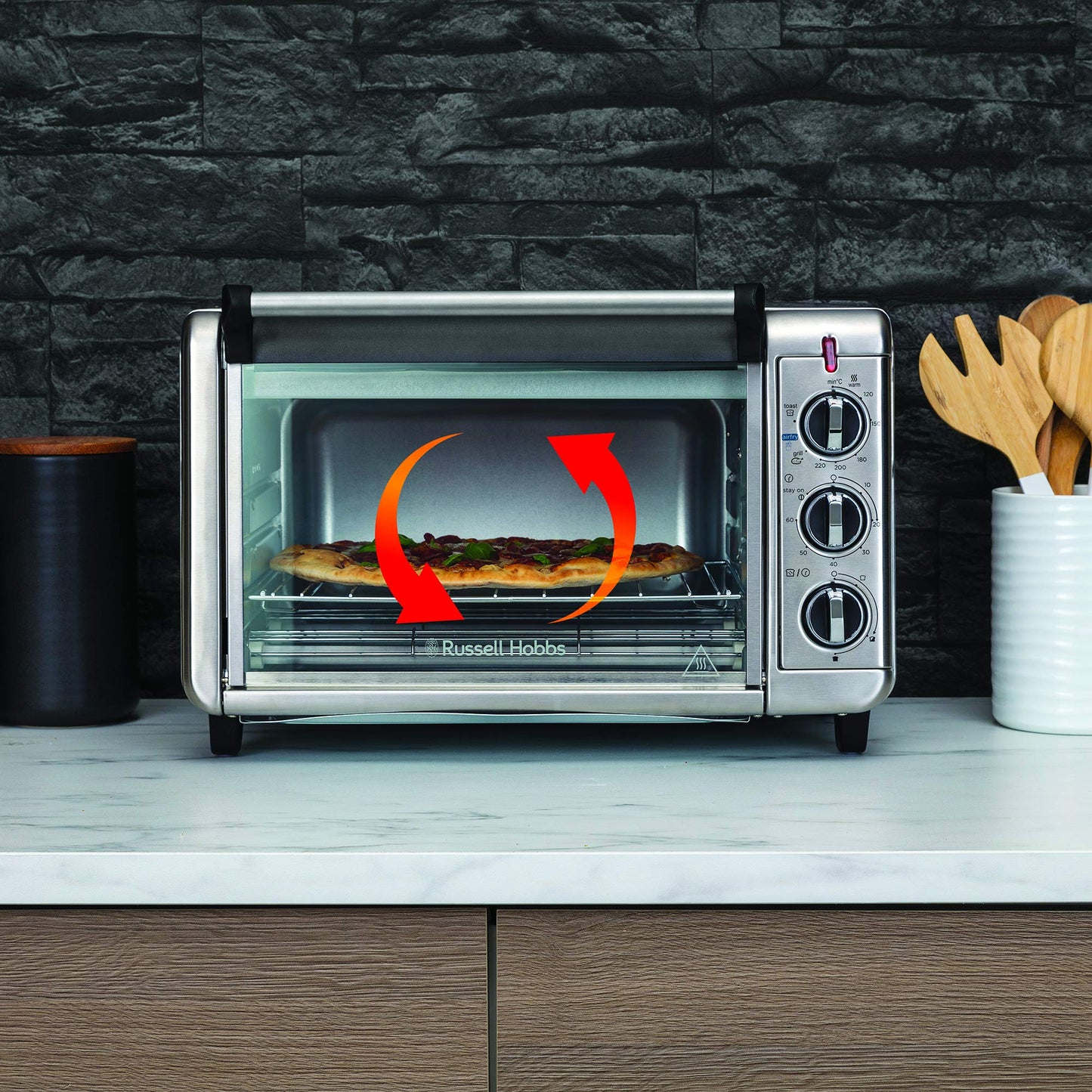 Russell Hobbs Backofen Airfryer [5-in-1: Heißluftfritteuse, Minibackofen, Grill, Toaster, Warmhaltefunktion] Express (20l, Pizza Ø 30cm, inkl. Frittierkorb, Backblech&Grillrost) Umluft- Ofen 26680-56